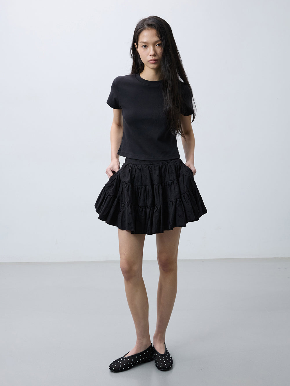 Eyelet flower tiered skirt