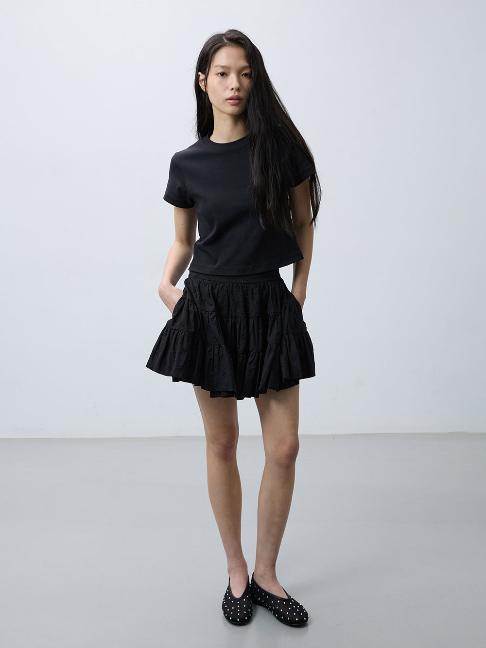 Eyelet flower tiered skirt