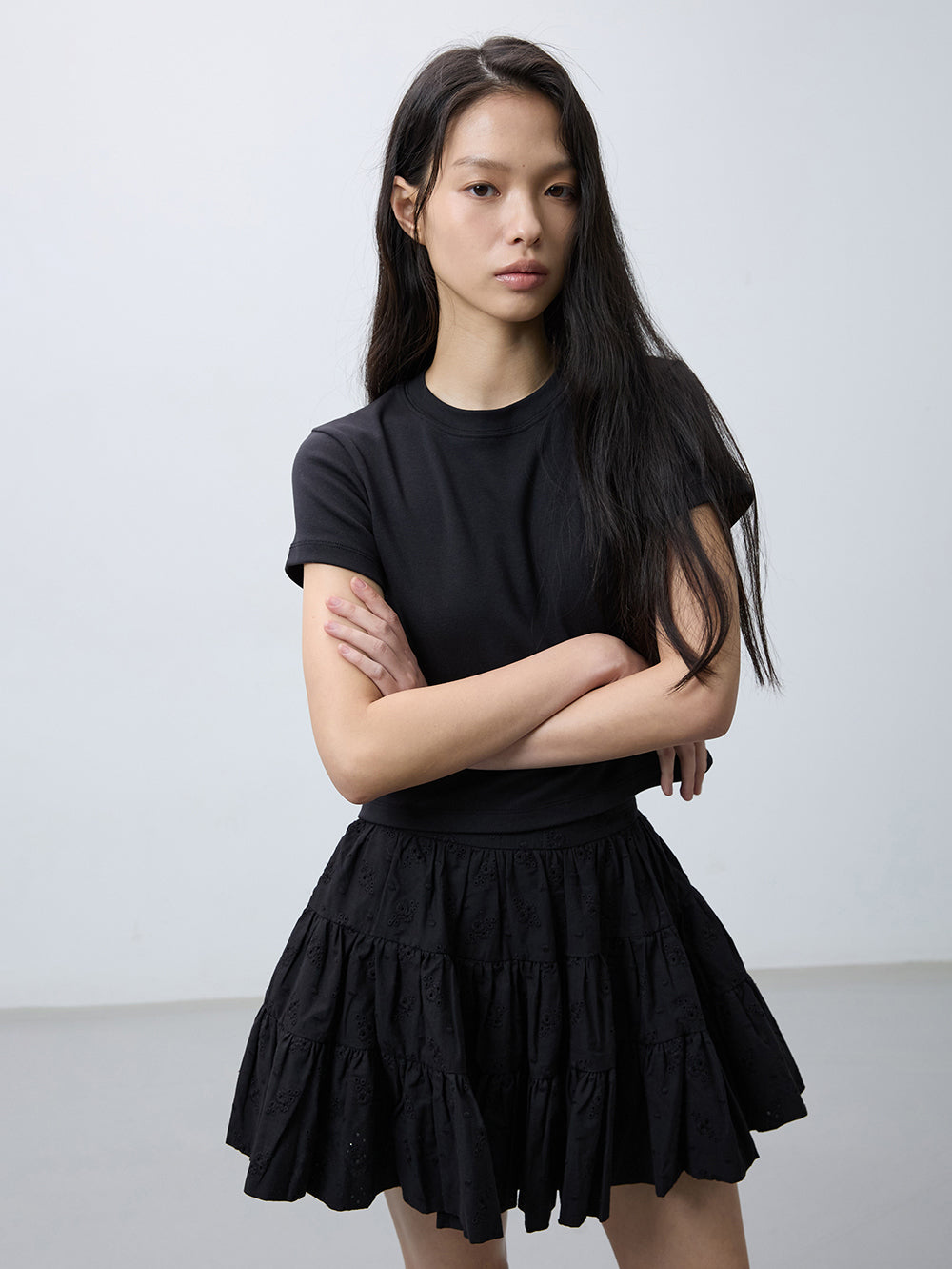 Eyelet flower tiered skirt
