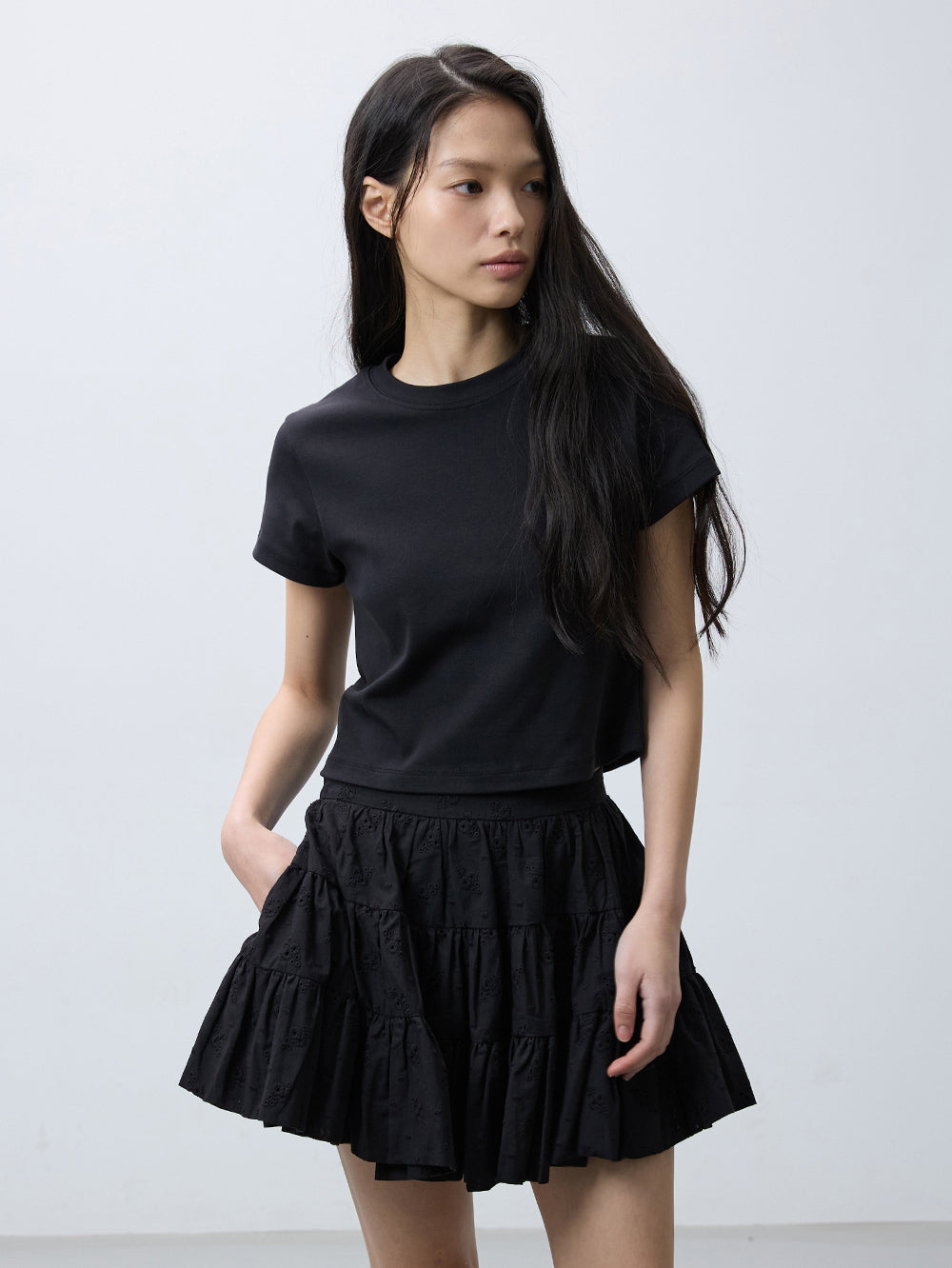 Eyelet flower tiered skirt