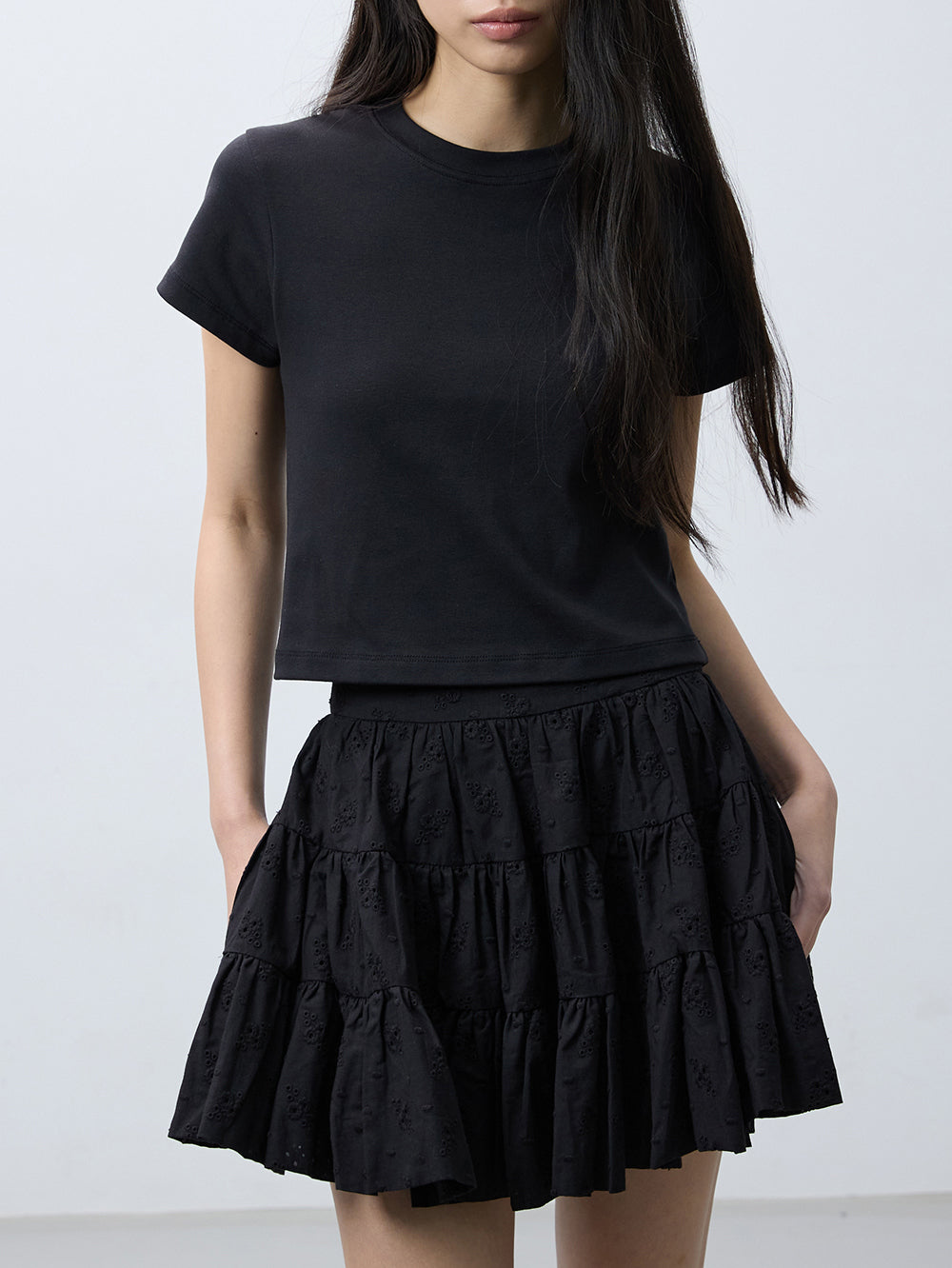 Eyelet flower tiered skirt