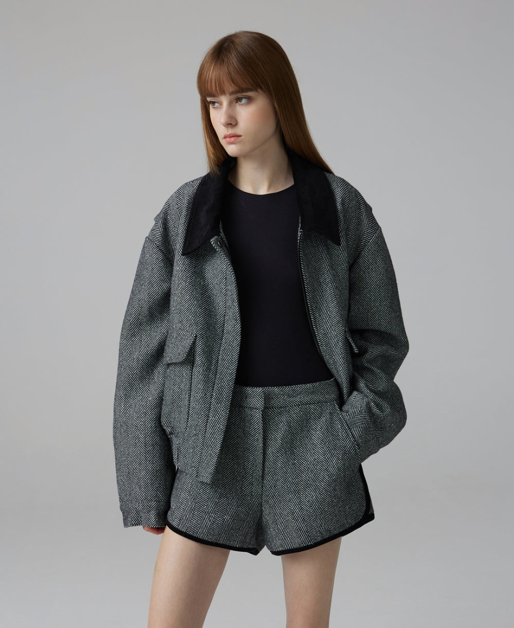 Herringbone bomber jacket & shorts