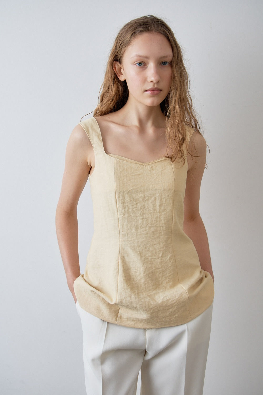 Square-Neck Linen Blend Top