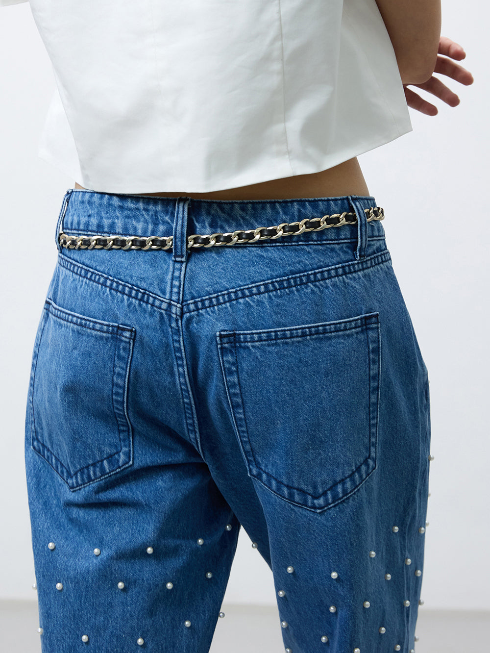 Pearl studs denim pants