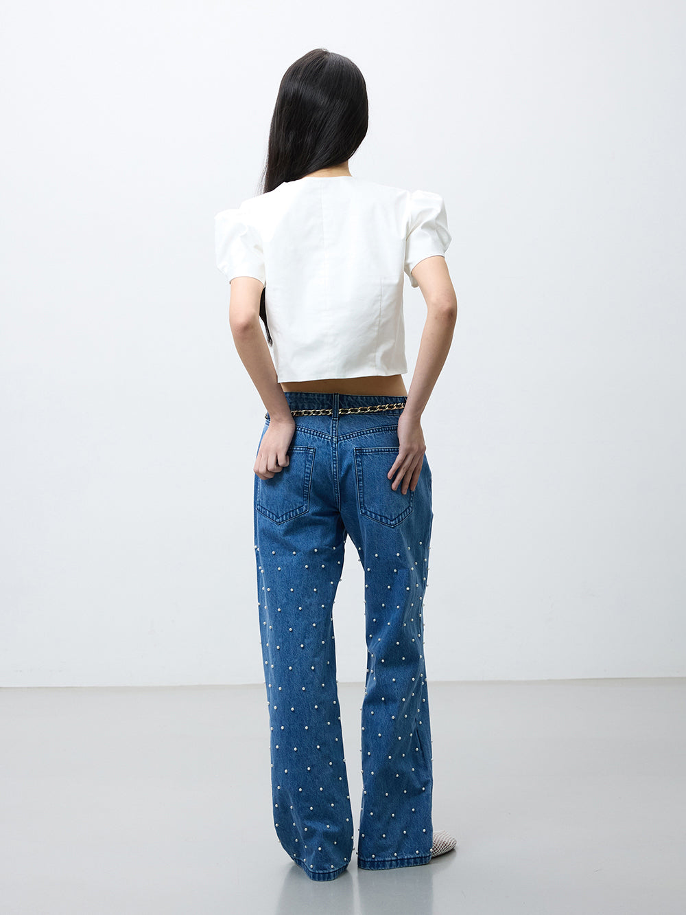 Pearl studs denim pants