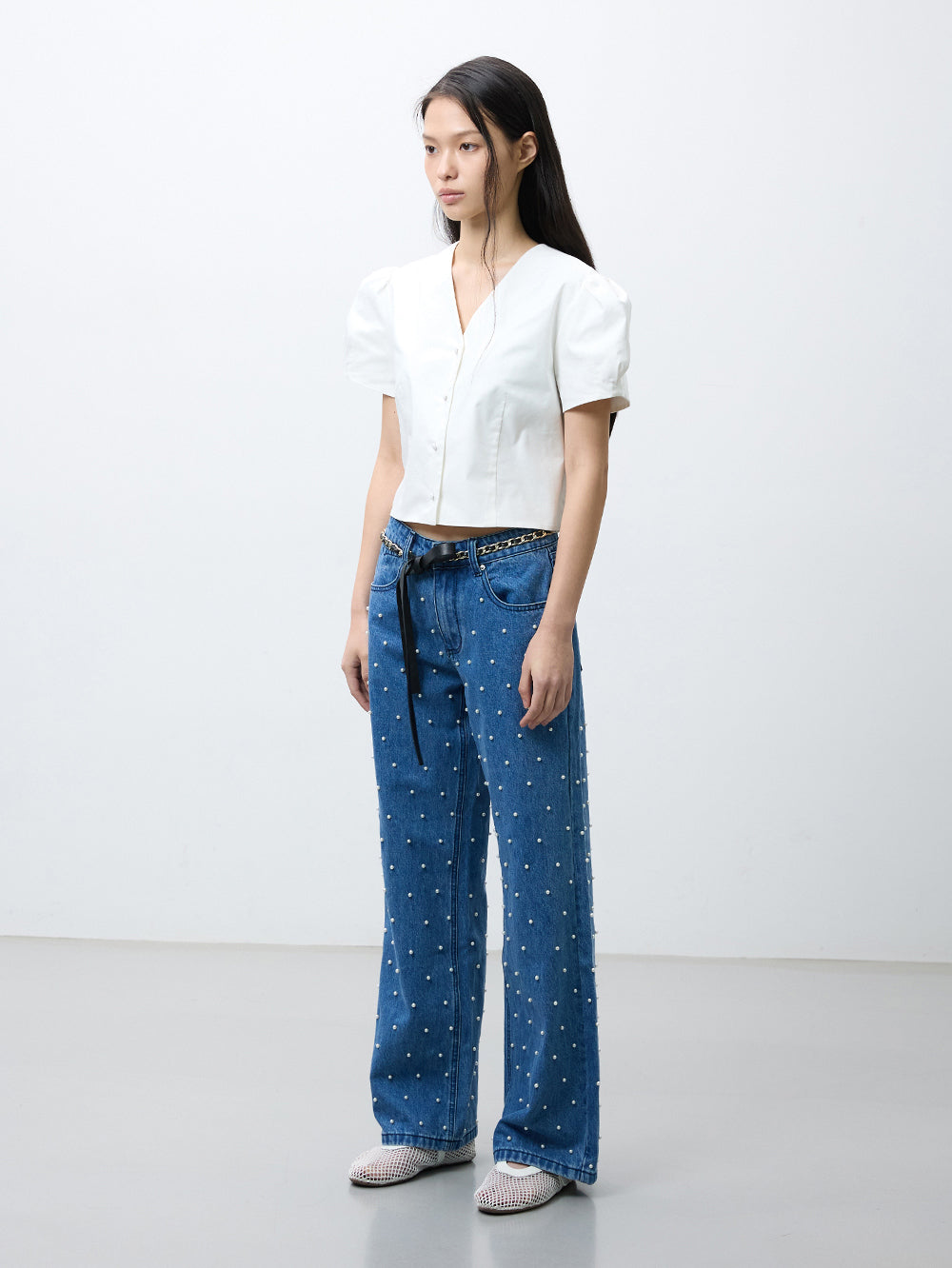 Pearl studs denim pants