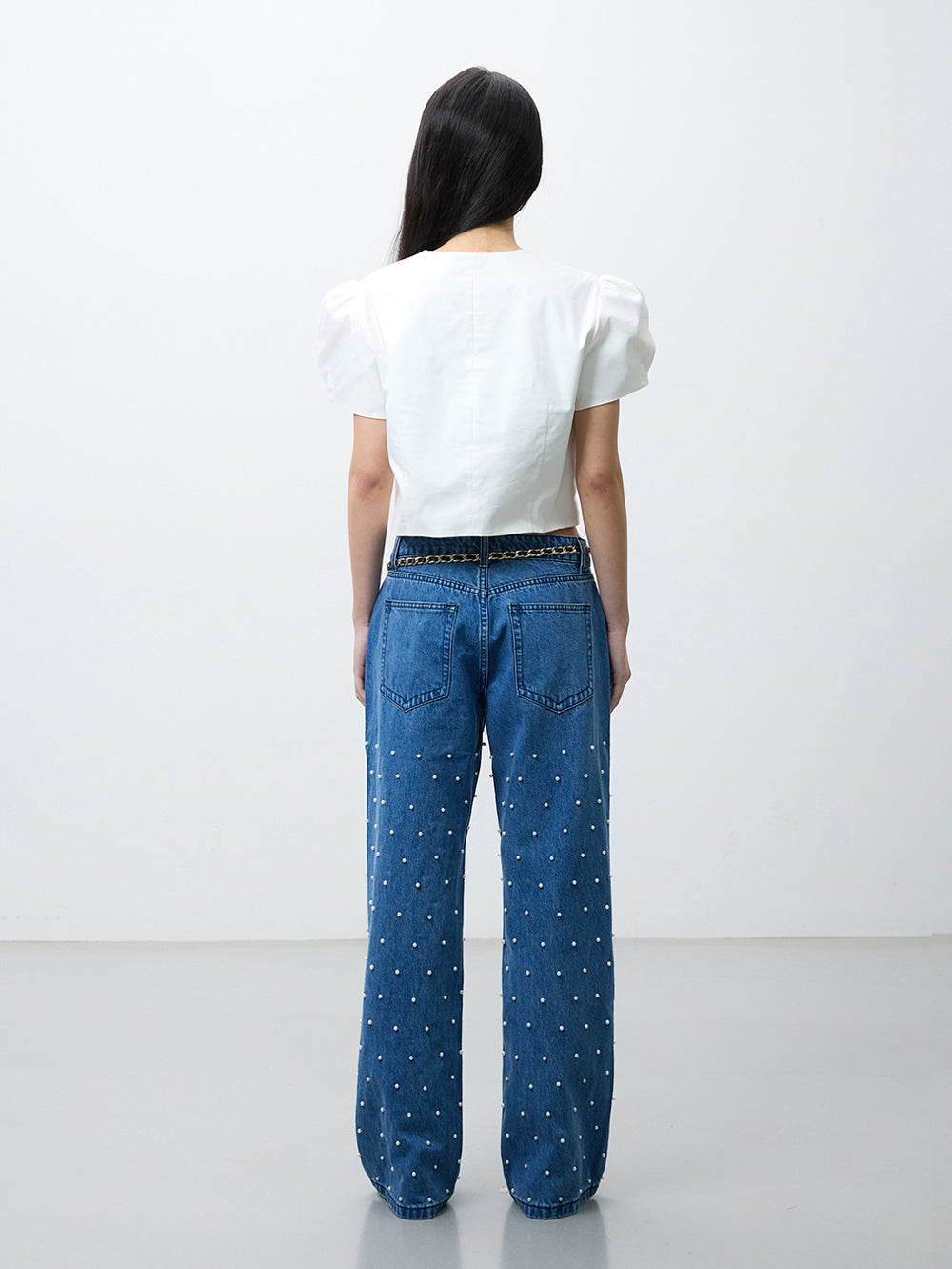 Pearl studs denim pants