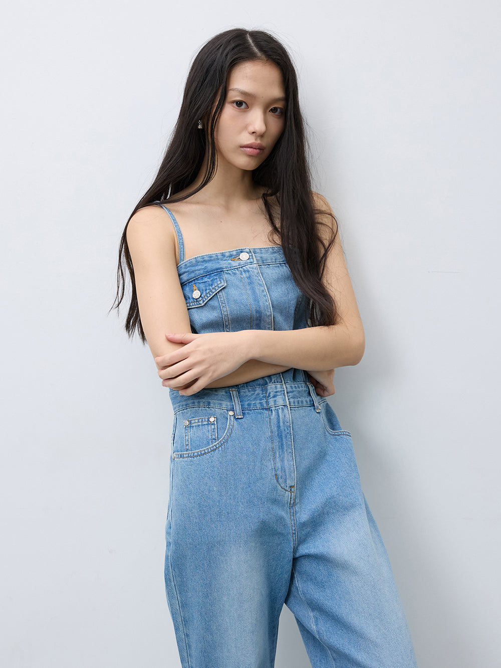 Tube top denim jumpsuit
