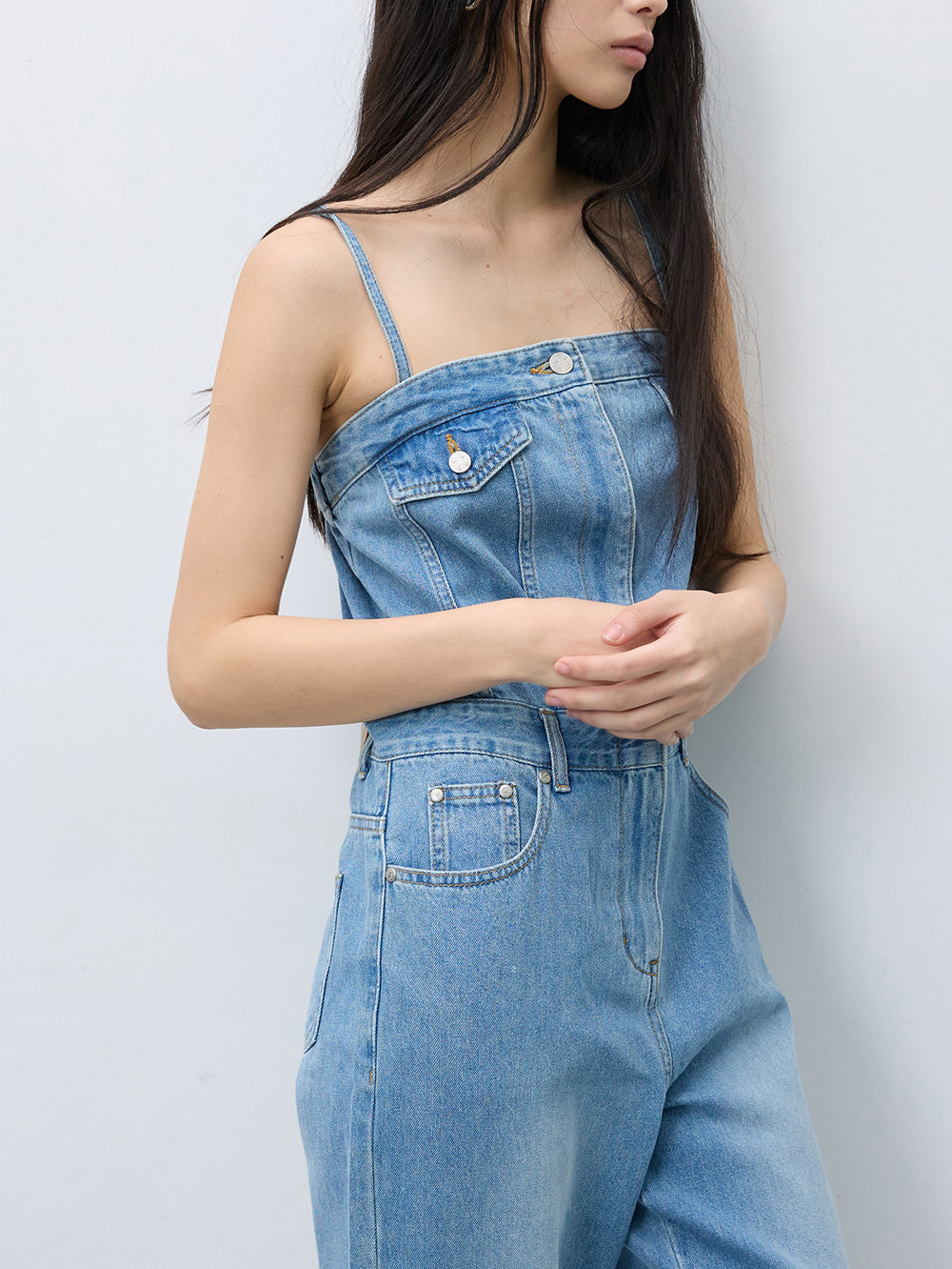 Tube top denim jumpsuit