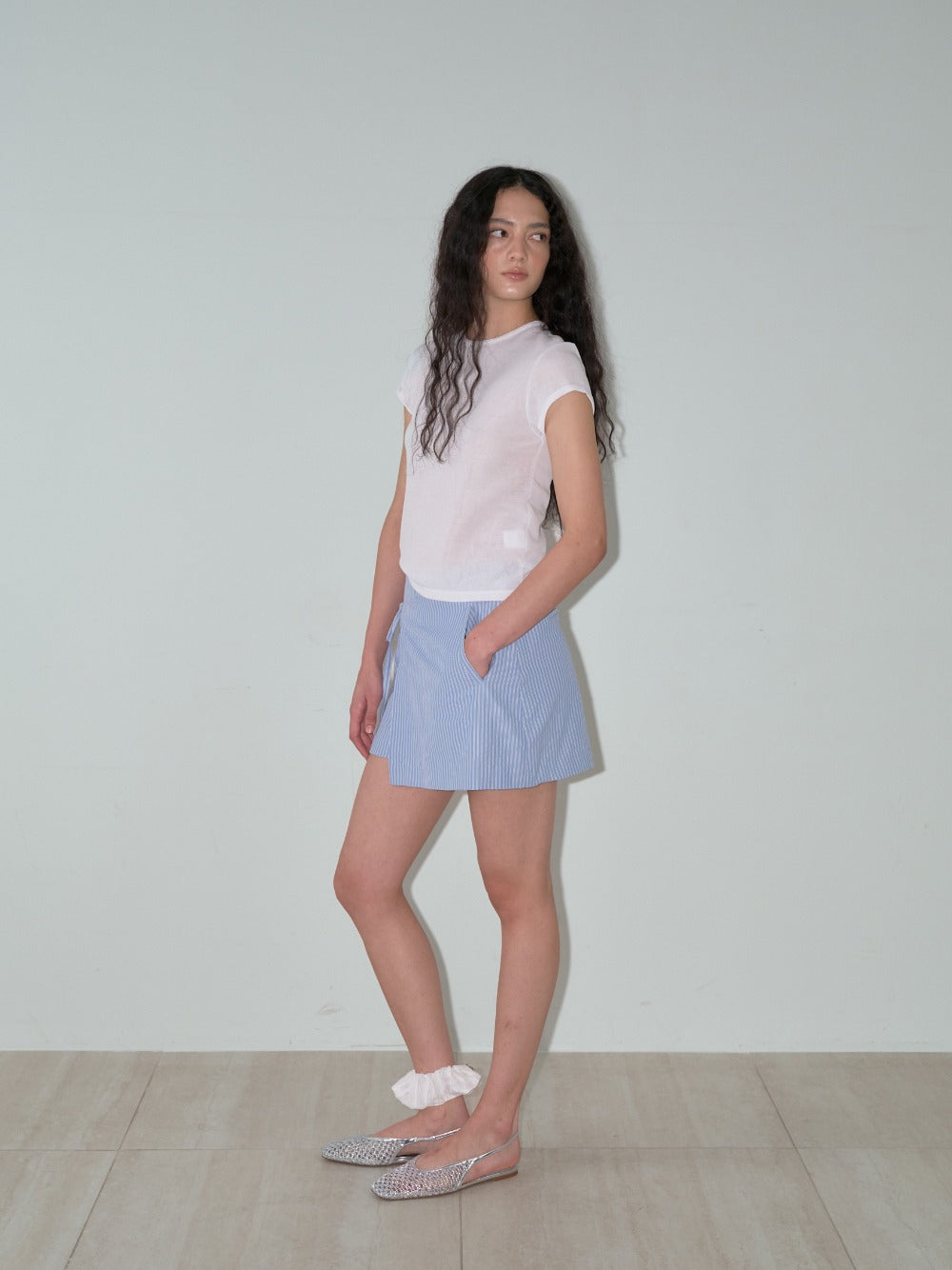 Striped Wrap Mini Skort Light Blue