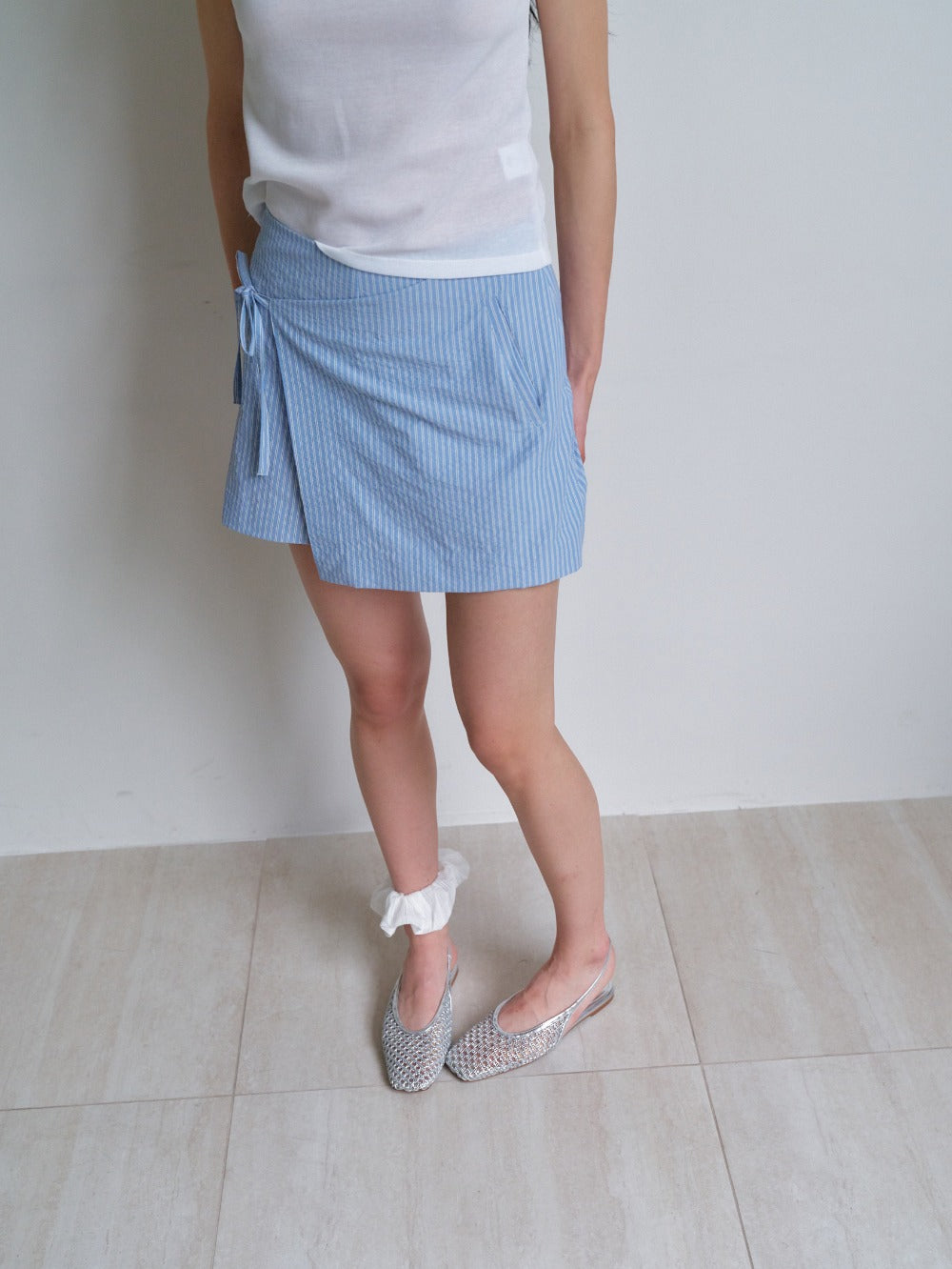 Striped Wrap Mini Skort Light Blue