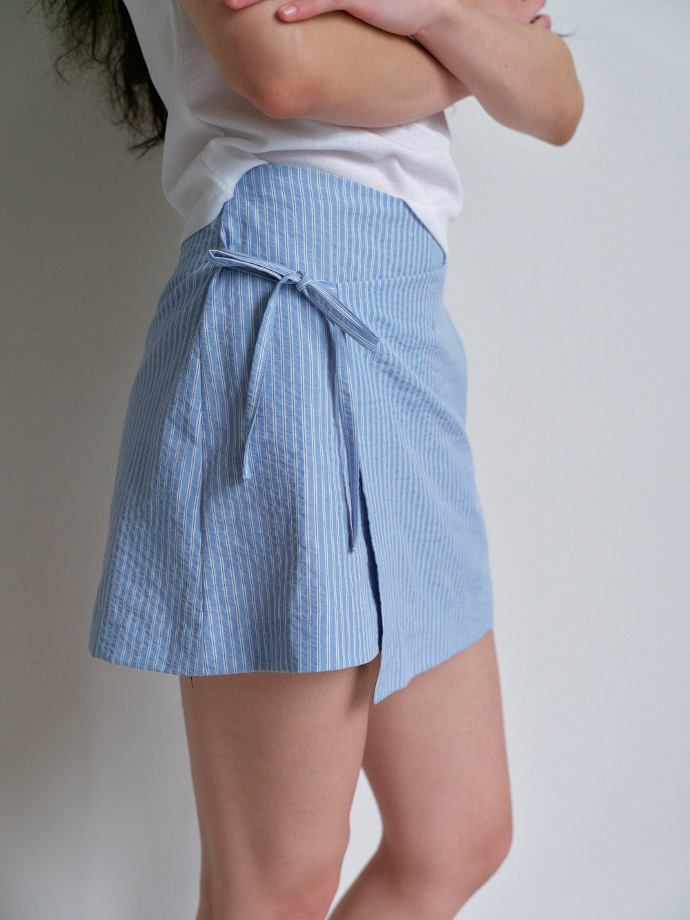 Striped Wrap Mini Skort Light Blue