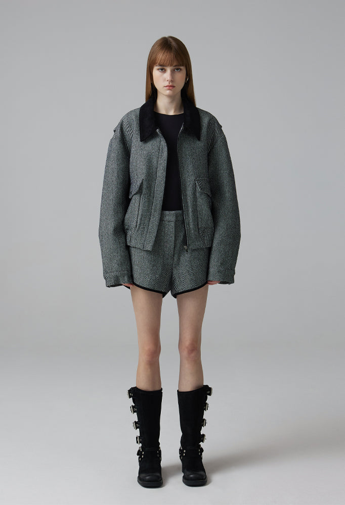 Herringbone bomber jacket & shorts