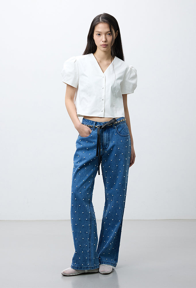 Pearl studs denim pants