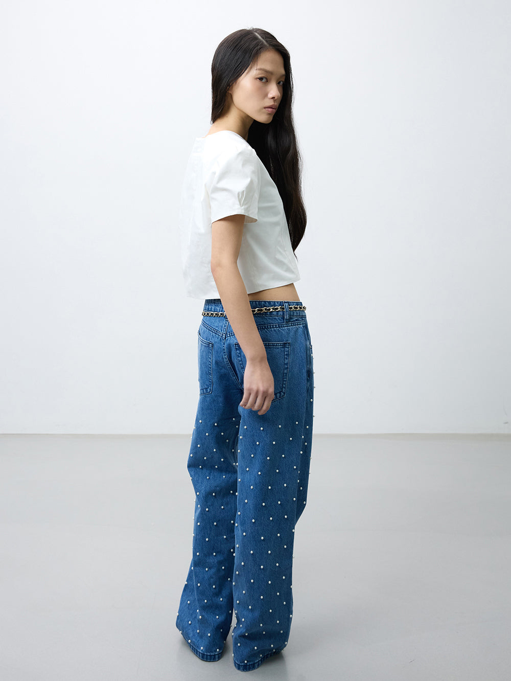 Pearl studs denim pants